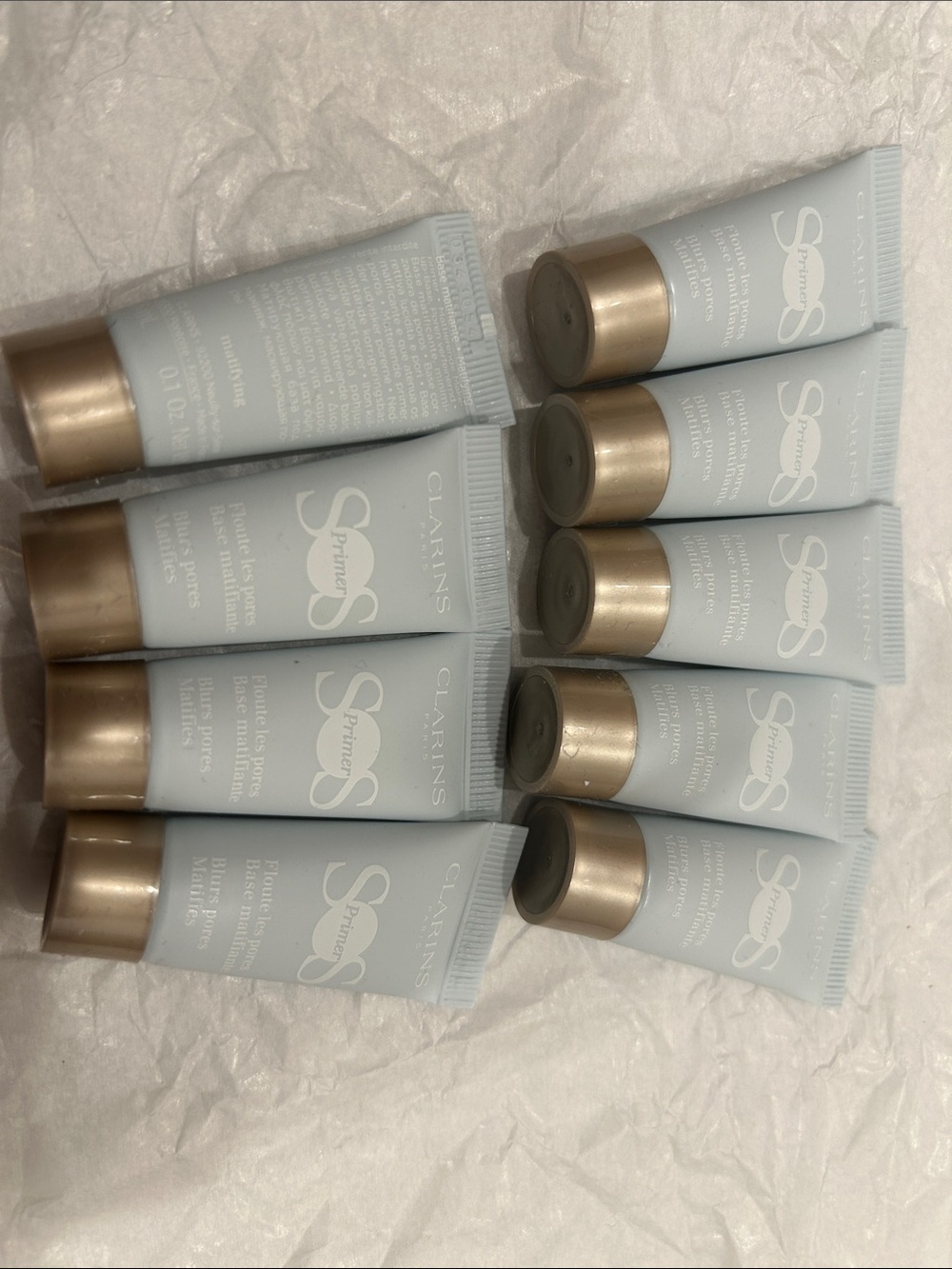 Clarins Light Blue SOS Primer Tubes with Gold Caps
